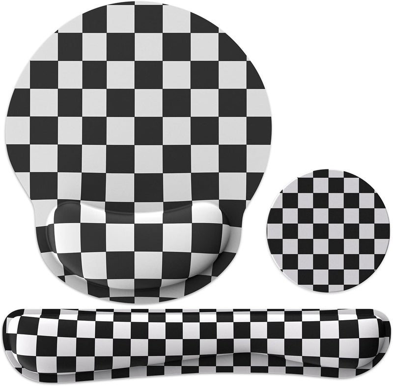 JIGOO Ergonomic Mouse Pad with Wrist Rest and Keyboard Wrist Rest, Mousepad and Keyboard Pad, Non-Slip Rubber Base, Pain Relief, Mouse Pad with Wrist Support for Gaming, Computer, Office, Black Checkered - Image 1